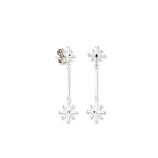 STARBURST SILVER & BLUE SAPPHIRE  DANGLE EARRINGS