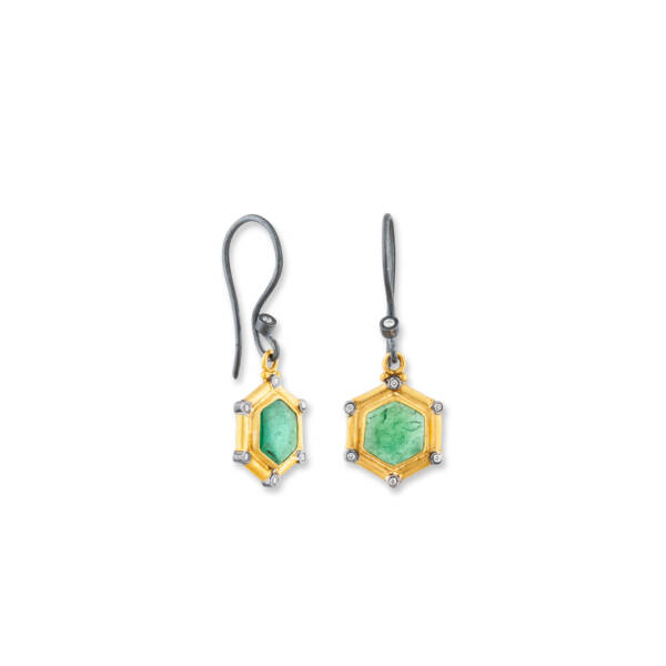 CUSTOM WHITE SILVER HEXAGONAL EMERALD SUN EARRINGS