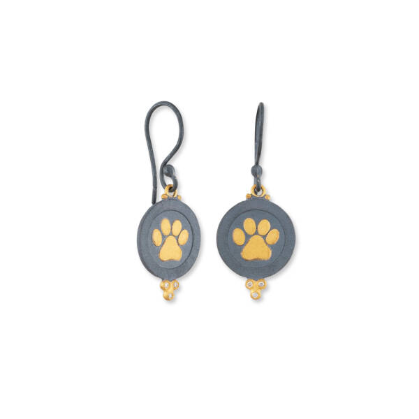 MEDALLION PAW PRINT DANGLE EARRINGS W/DIA